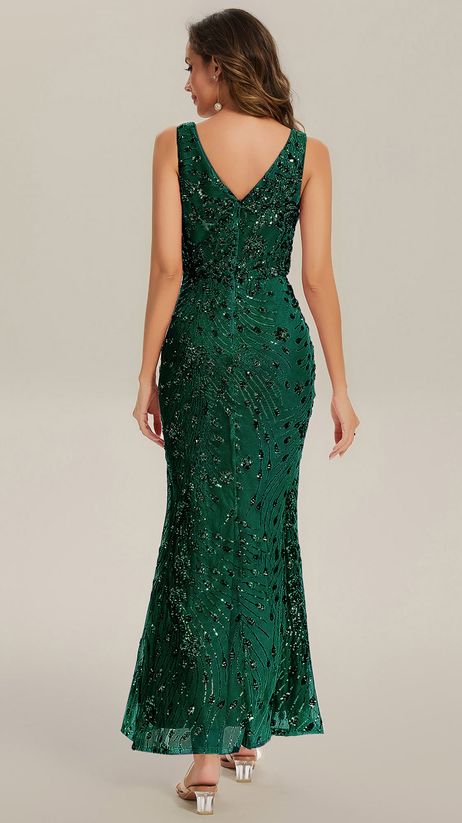 Robe maxi sirène sans bretelles en stretch haut avec décolleté en V noué #Couleur_Vert Fonce