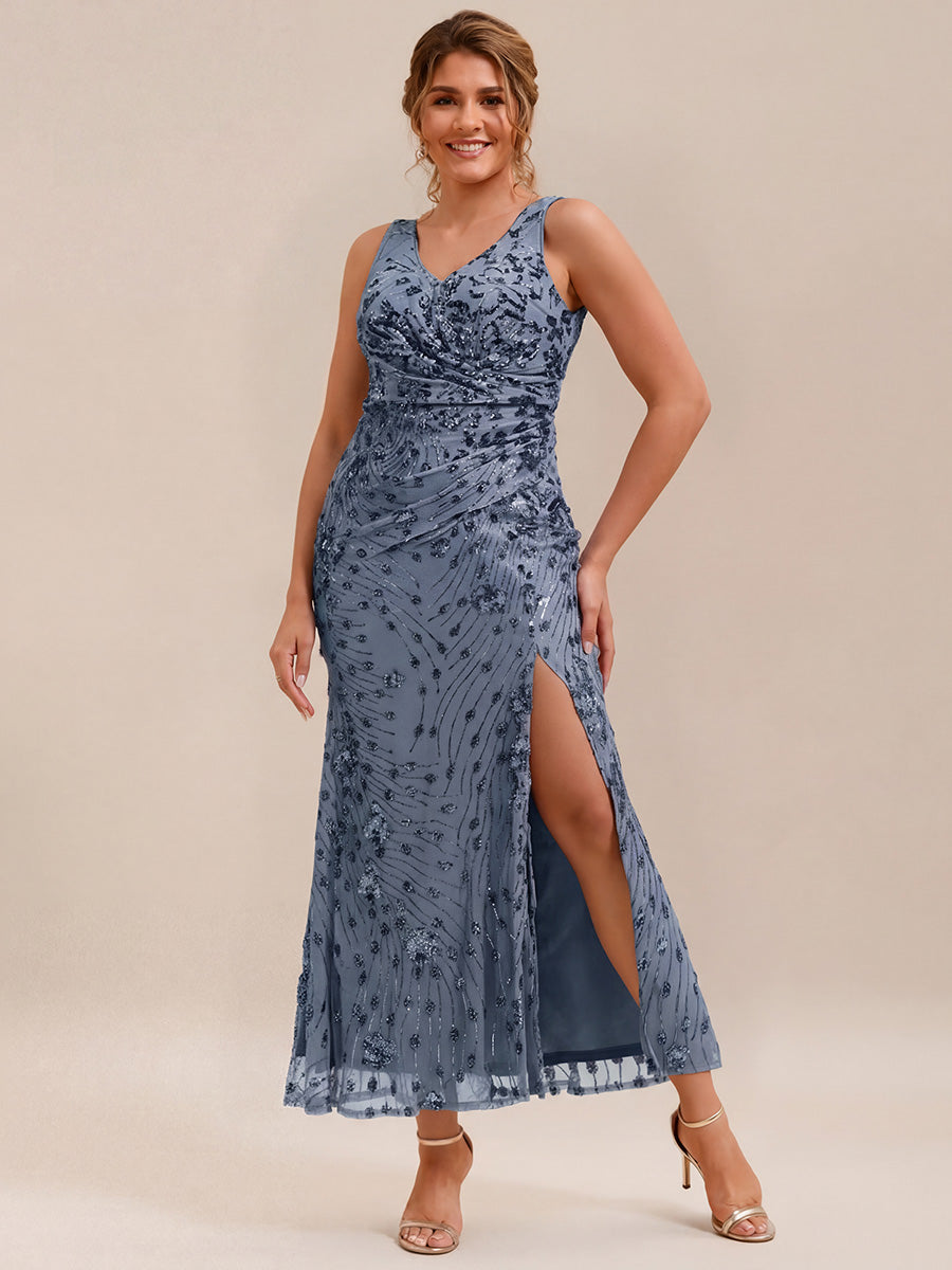 Robe maxi sirène sans bretelles en stretch haut avec décolleté en V noué #Couleur_Marine Fume