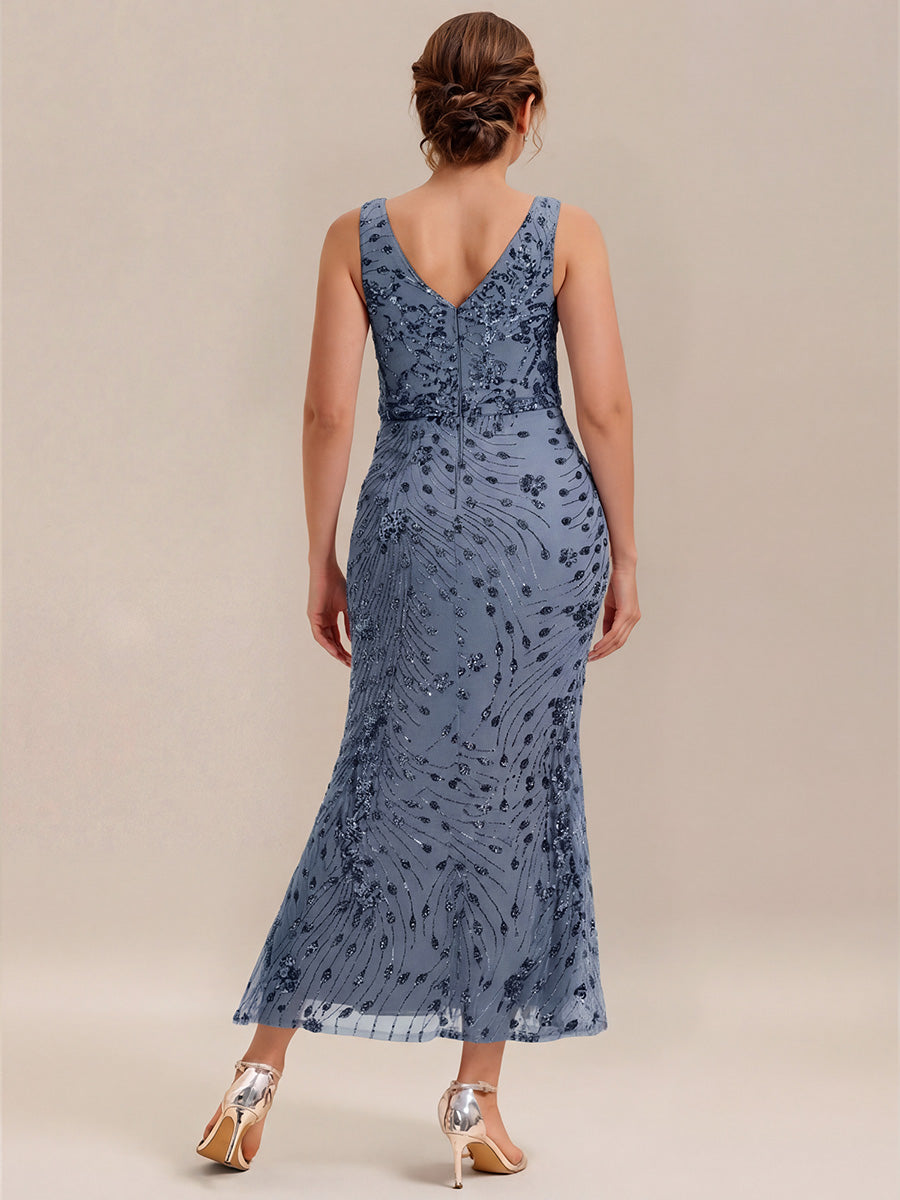 Robe maxi sirène sans bretelles en stretch haut avec décolleté en V noué #Couleur_Marine Fume