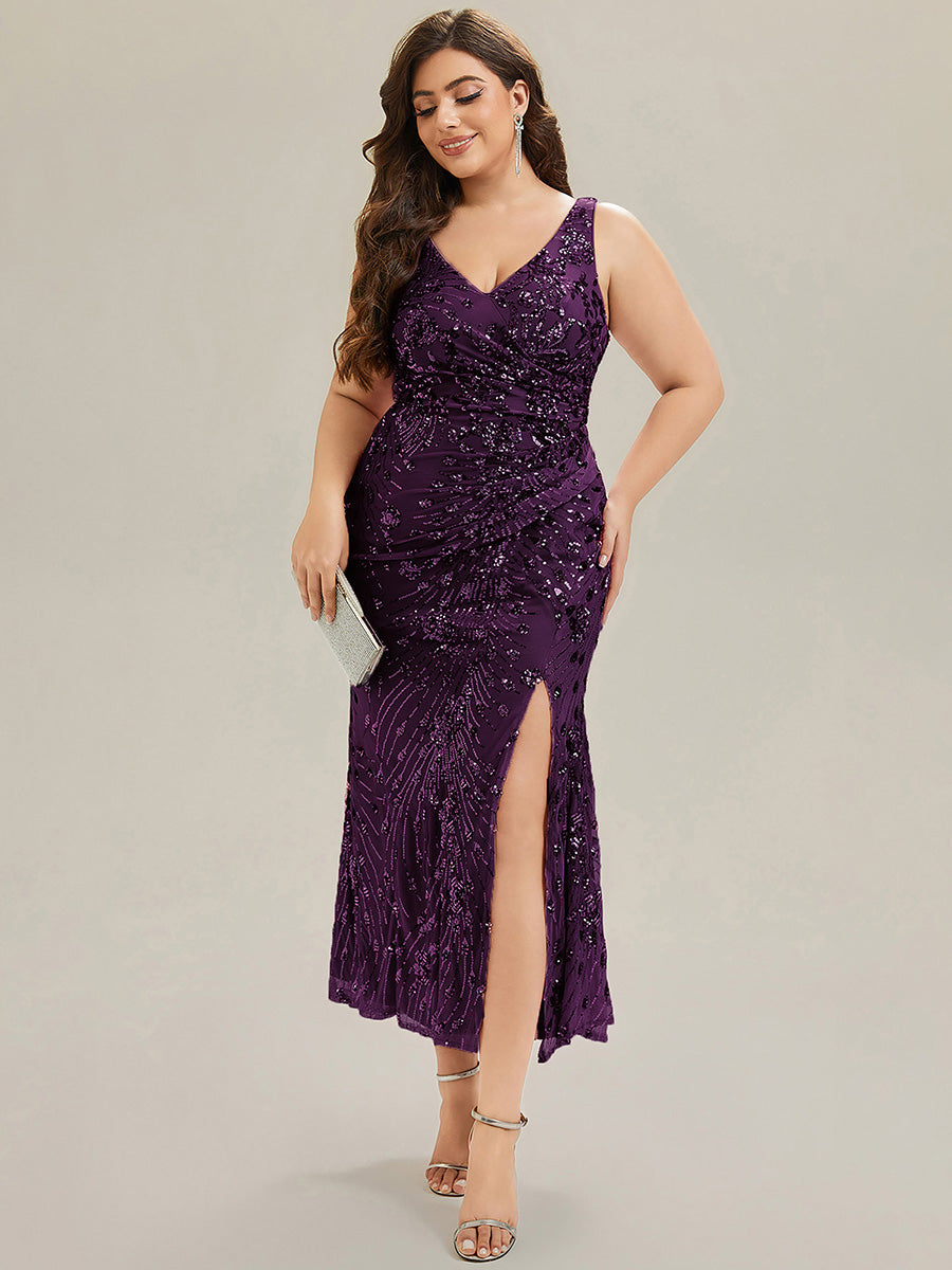 Robe maxi sirène sans bretelles en stretch haut avec décolleté en V noué #Couleur_Violet Fonce