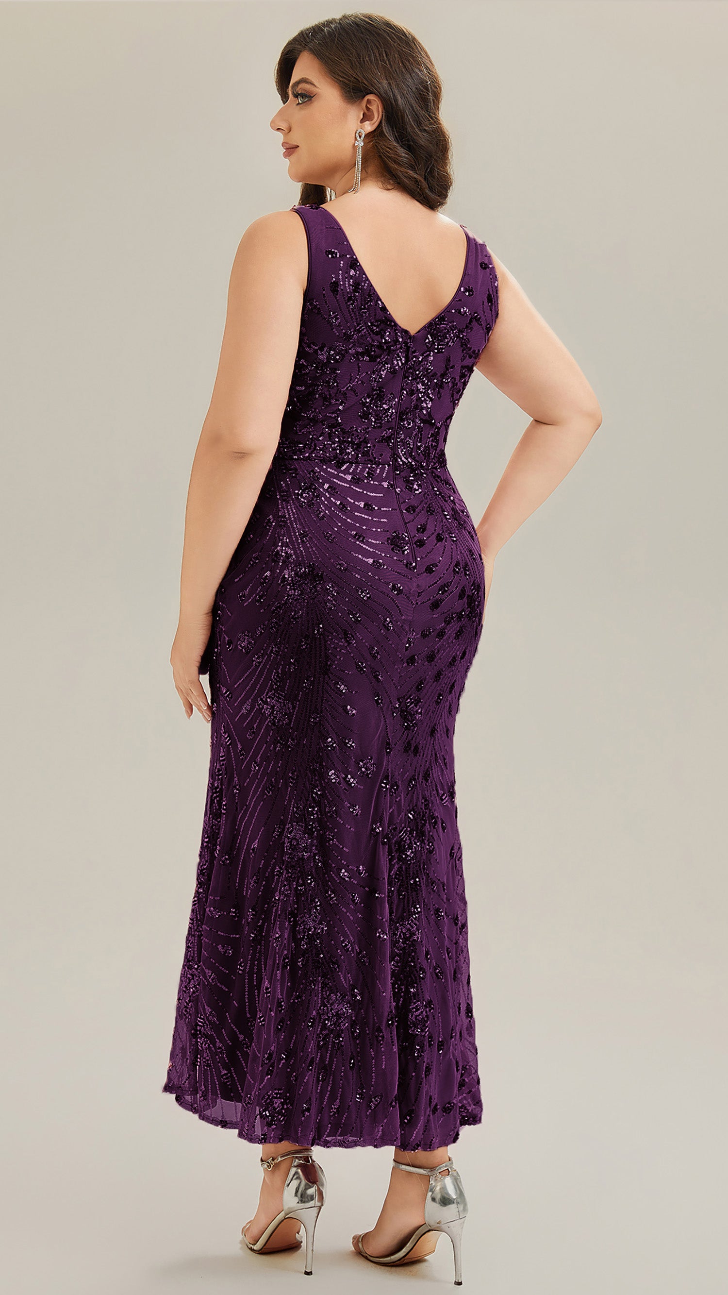 Robe maxi sirène sans bretelles en stretch haut avec décolleté en V noué #Couleur_Violet Fonce