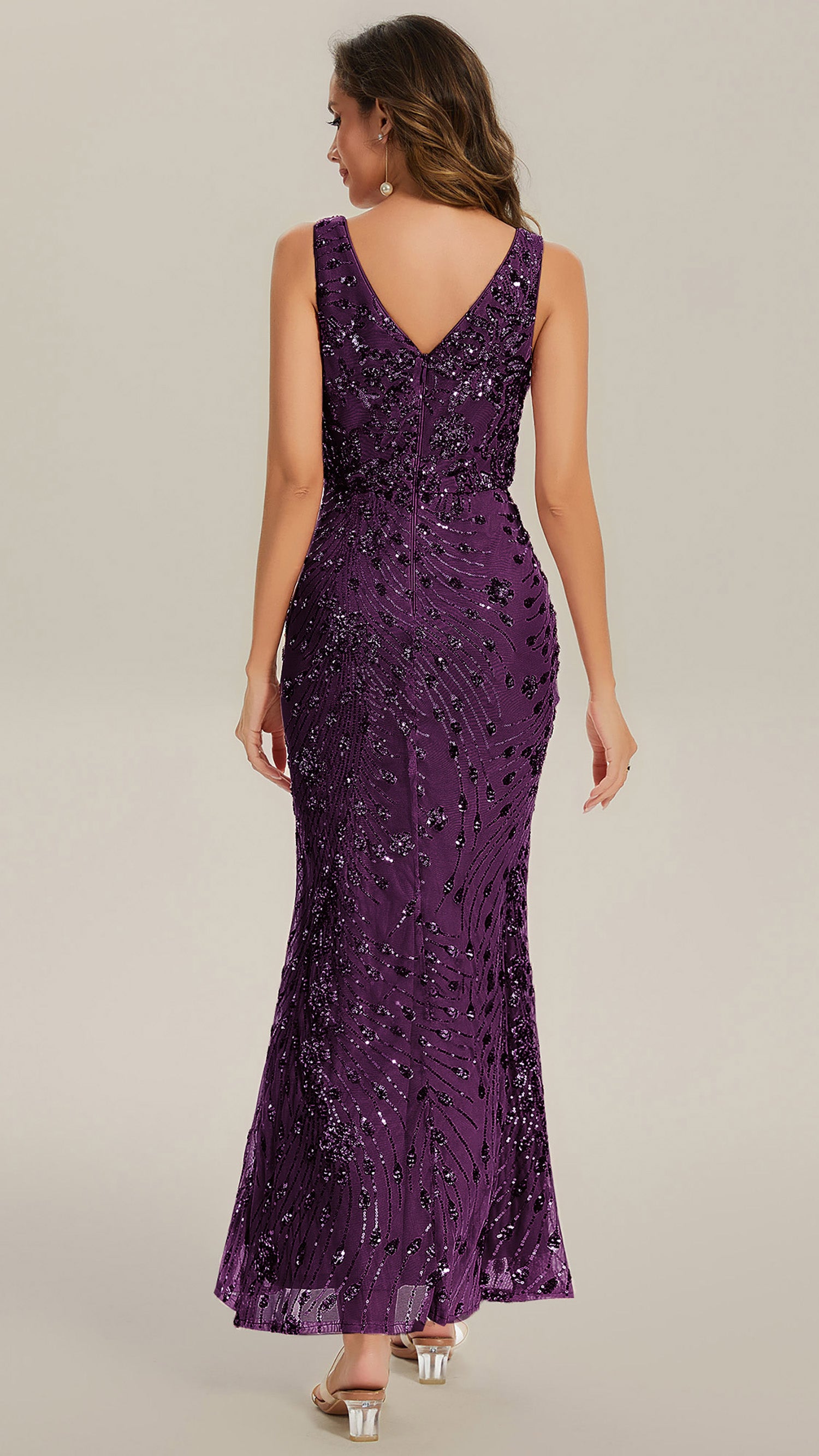 Robe maxi sirène sans bretelles en stretch haut avec décolleté en V noué #Couleur_Violet Fonce