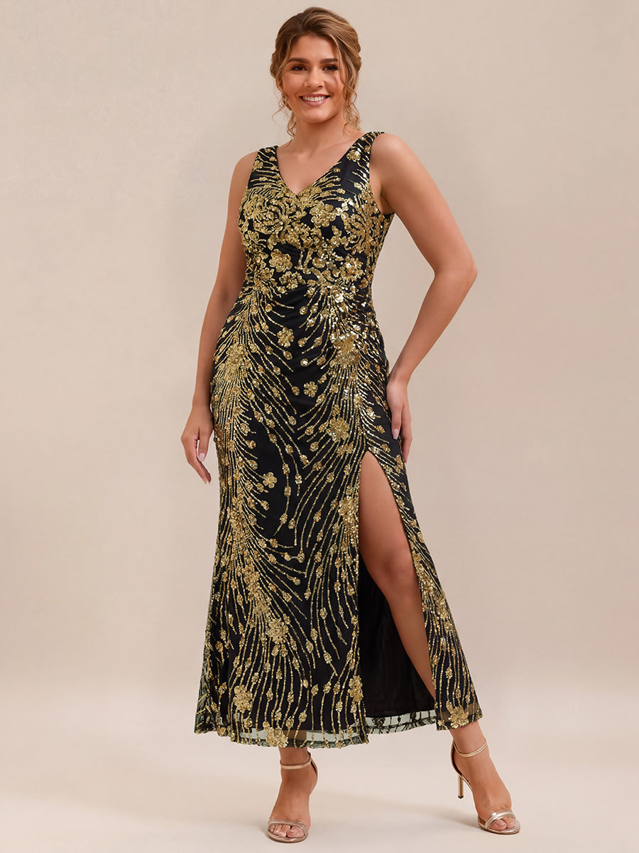 Robe maxi sirène sans bretelles en stretch haut avec décolleté en V noué #Couleur_Noir & Or