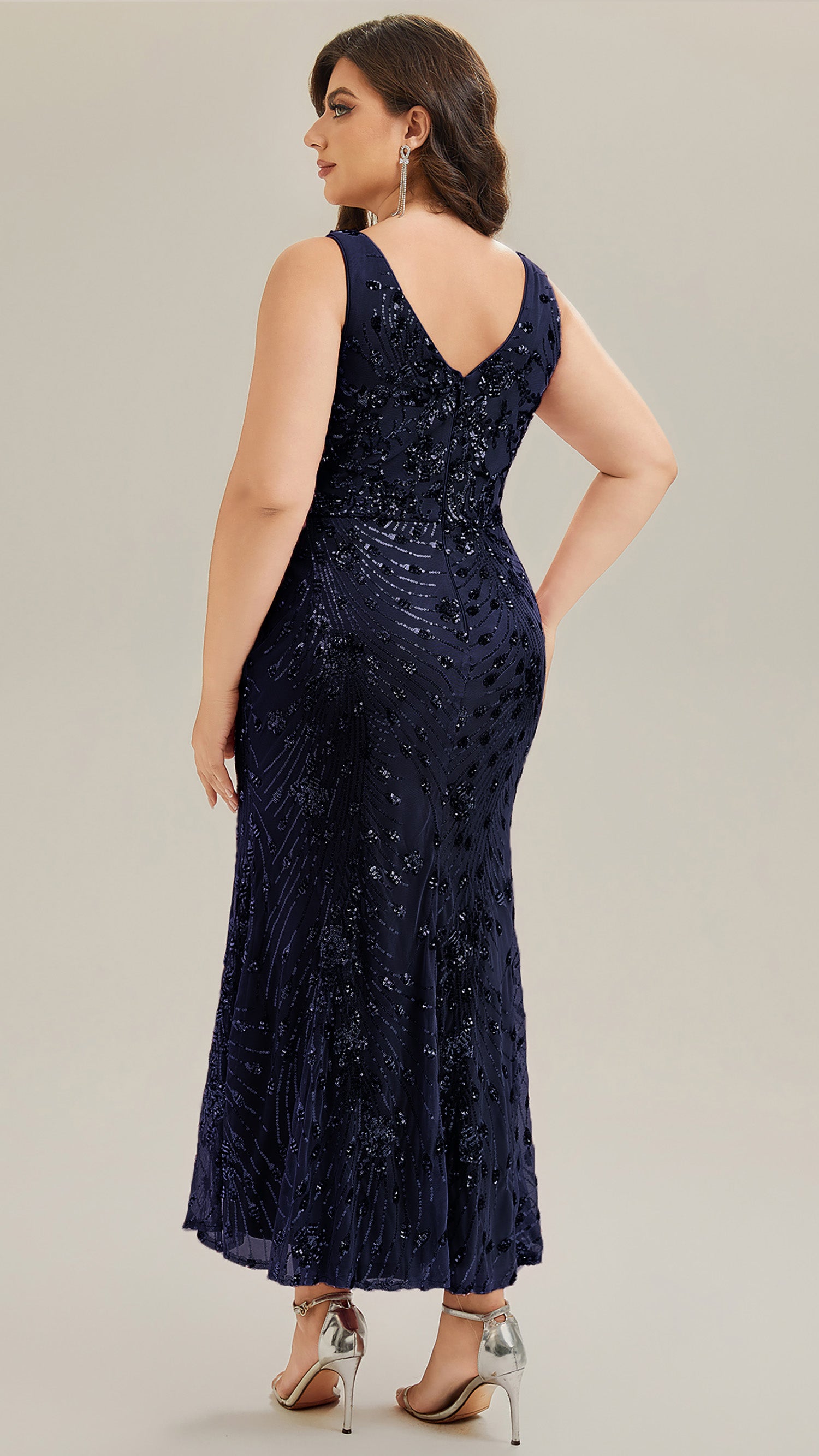 Robe maxi sirène sans bretelles en stretch haut avec décolleté en V noué #Couleur_Bleu Marine