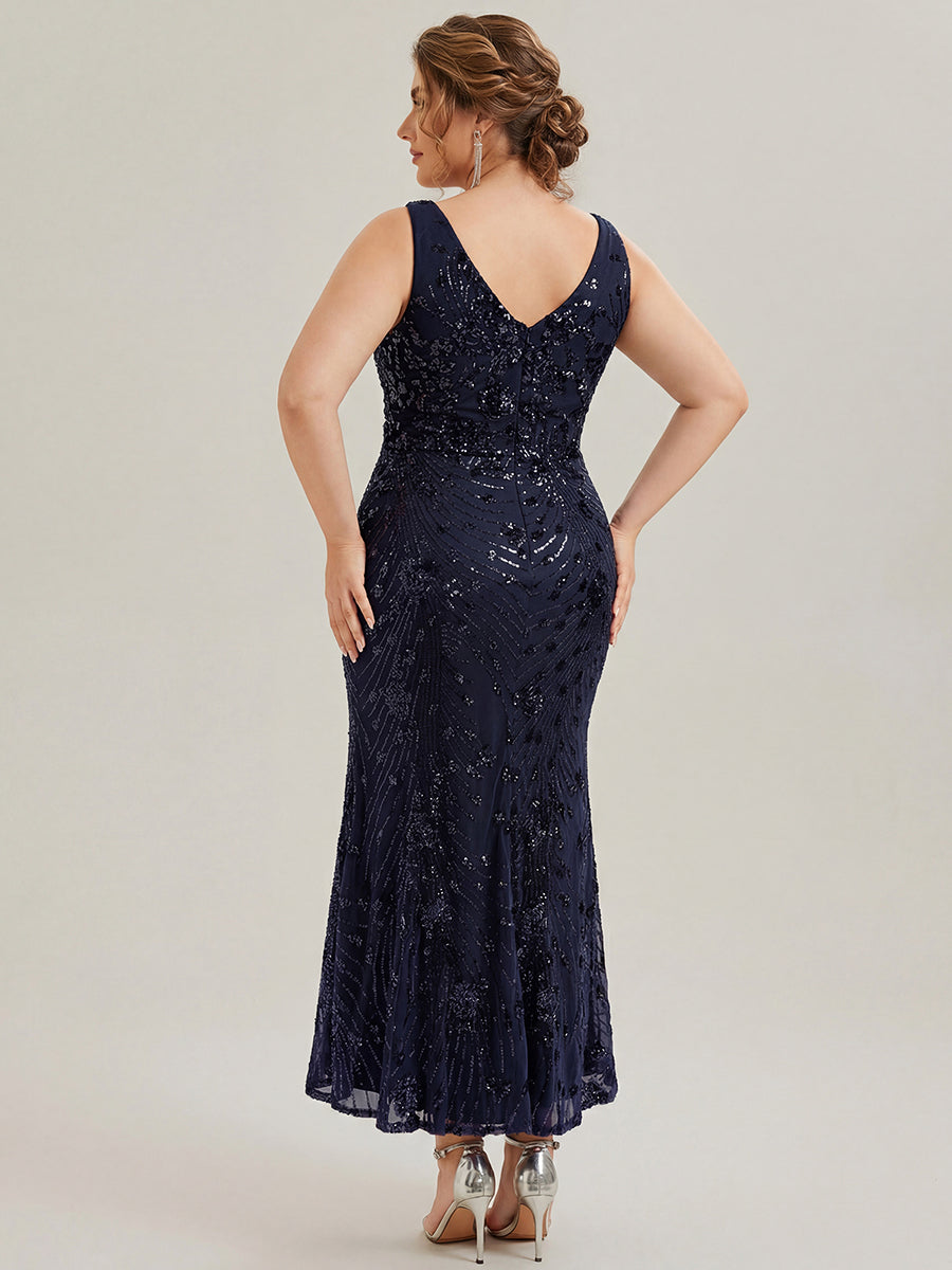 Robe maxi sirène sans bretelles en stretch haut avec décolleté en V noué #Couleur_Bleu Marine