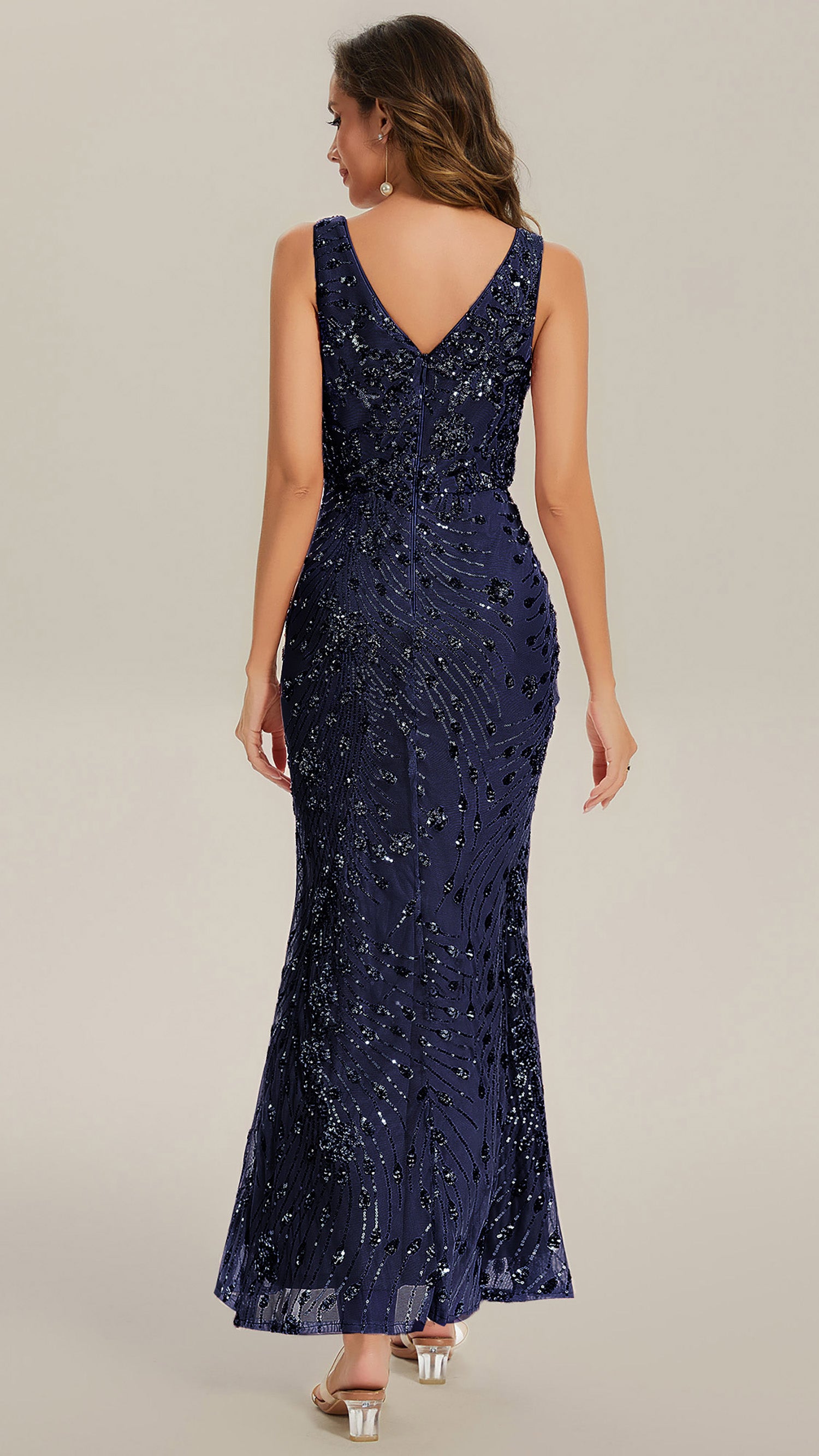 Robe maxi sirène sans bretelles en stretch haut avec décolleté en V noué #Couleur_Bleu Marine