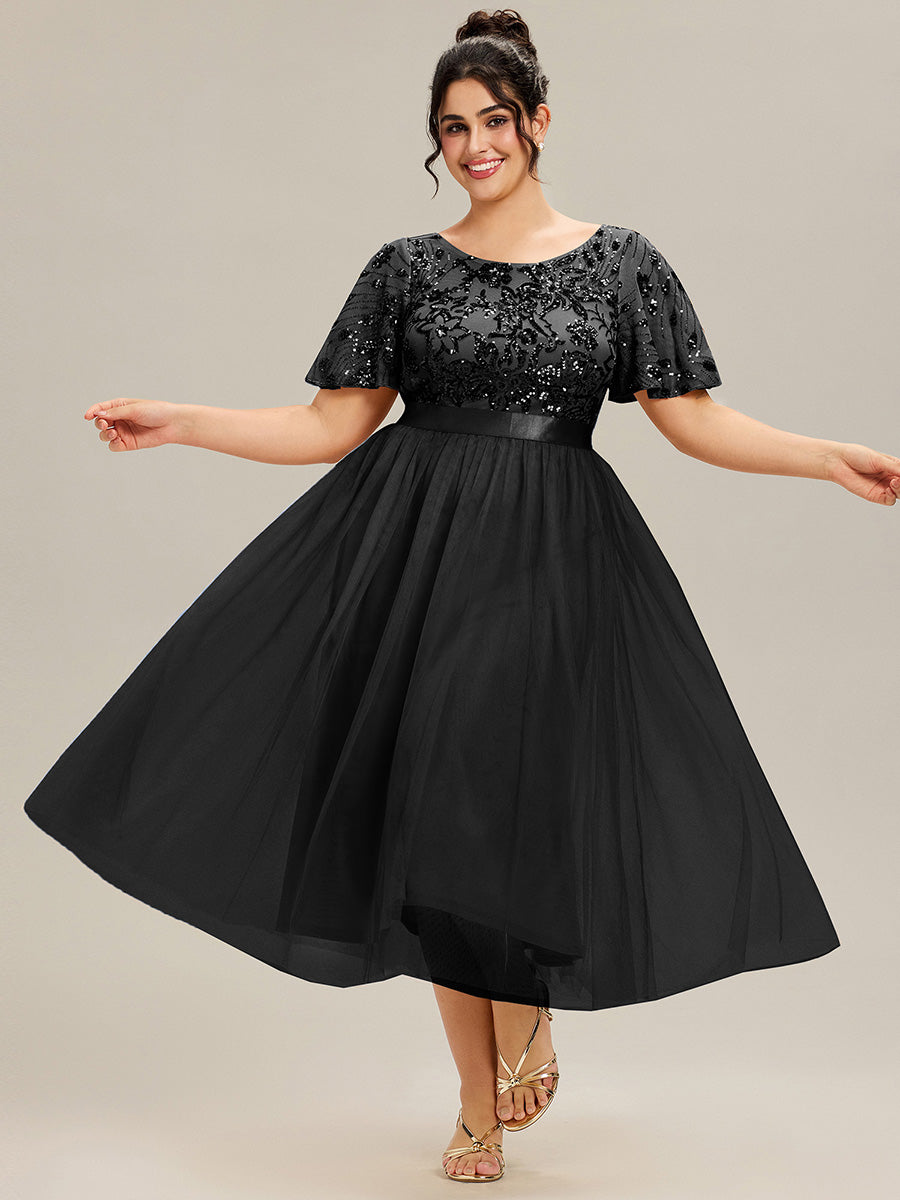 Robe midi chic à volants et sequins décolleté #Couleur_Noir