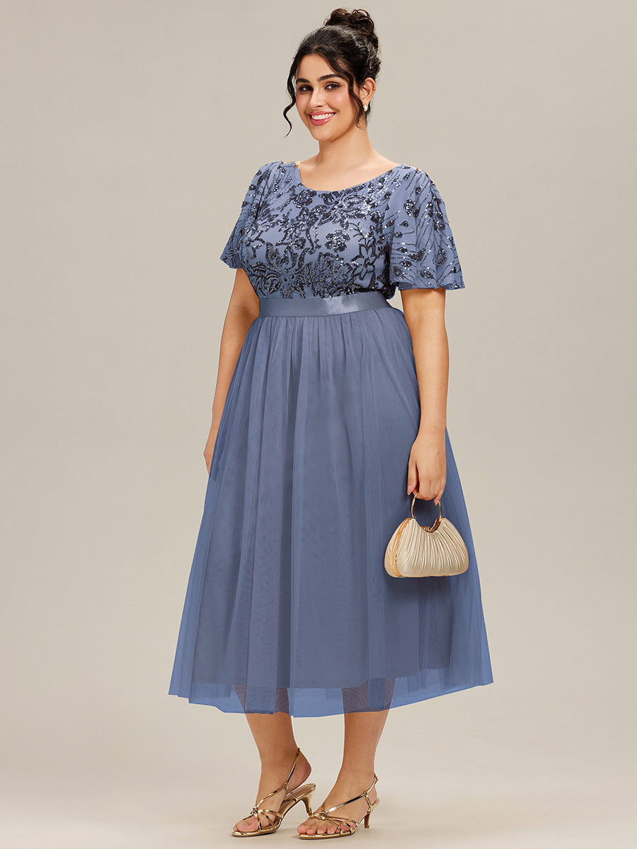 Robe midi chic à volants et sequins décolleté #Couleur_Marine Fume