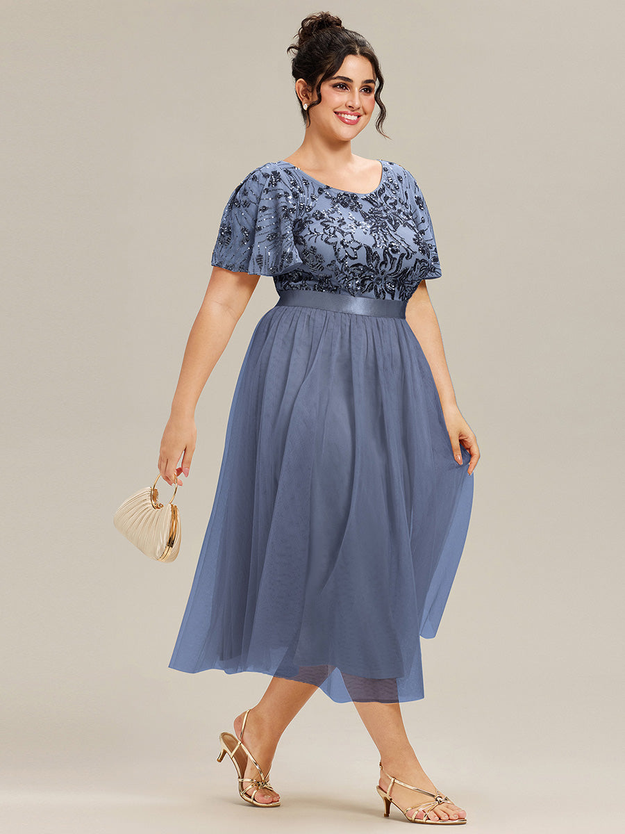 Robe midi chic à volants et sequins décolleté #Couleur_Marine Fume