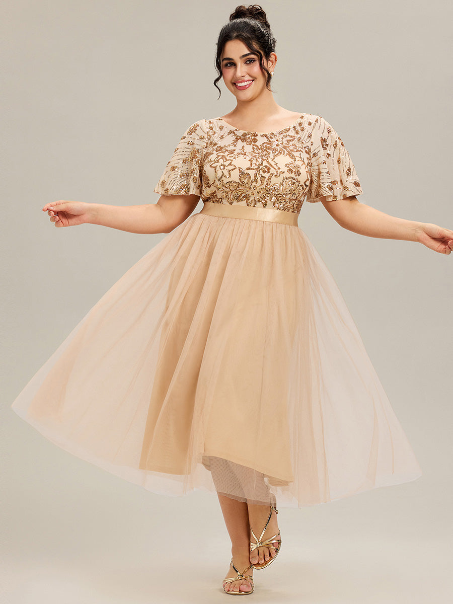 Robe midi chic à volants et sequins décolleté #Couleur_Or