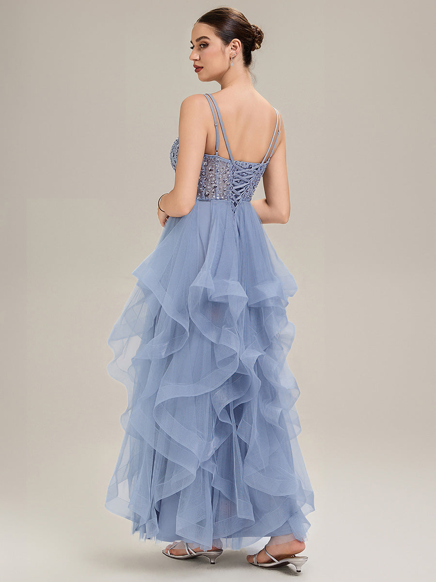 Robe de bal sans manches plissée à décolleté en V profond avec bretelles spaghetti ajustables #Couleur_Bleu Clair