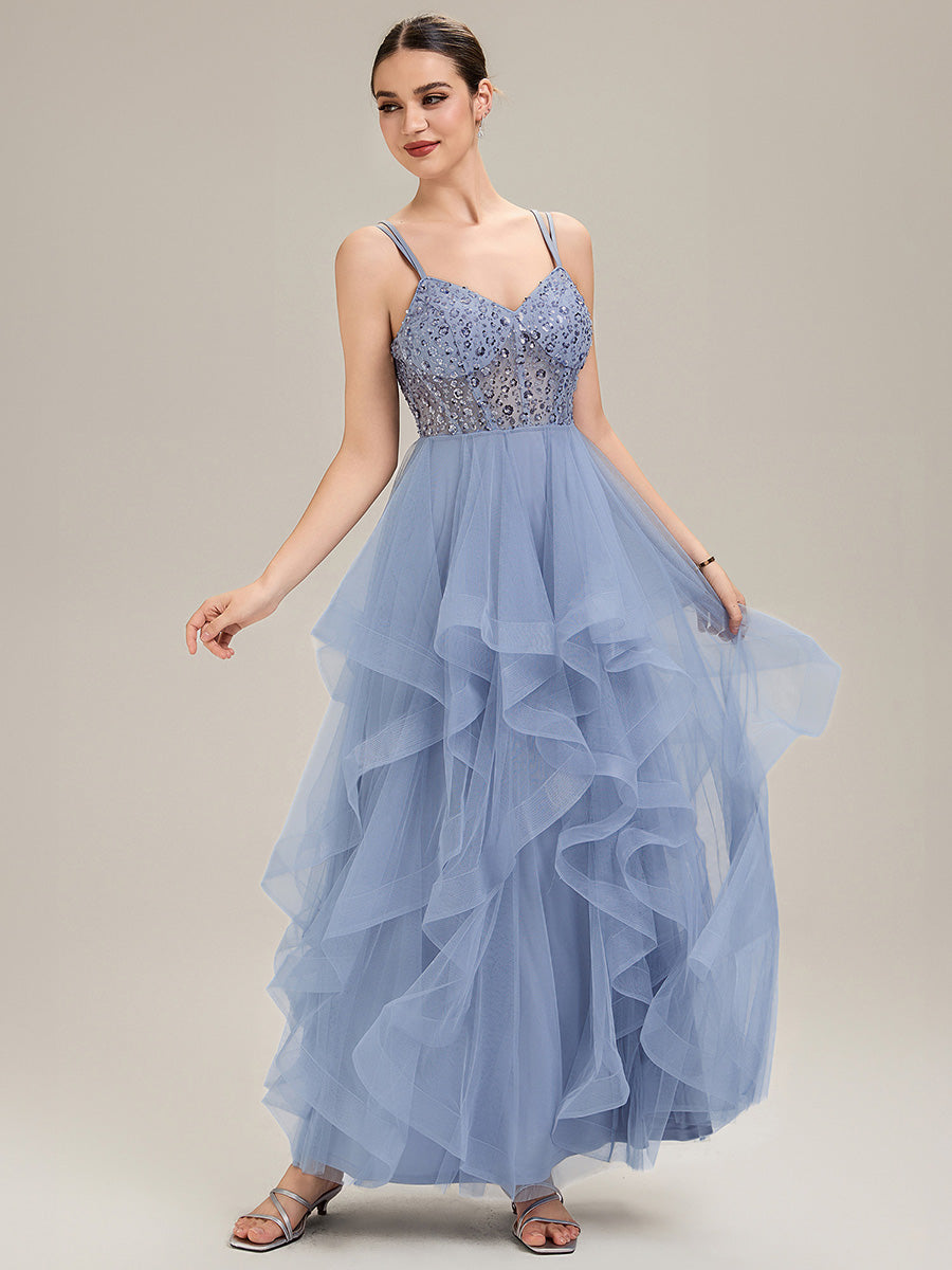 Robe de bal sans manches plissée à décolleté en V profond avec bretelles spaghetti ajustables #Couleur_Bleu Clair