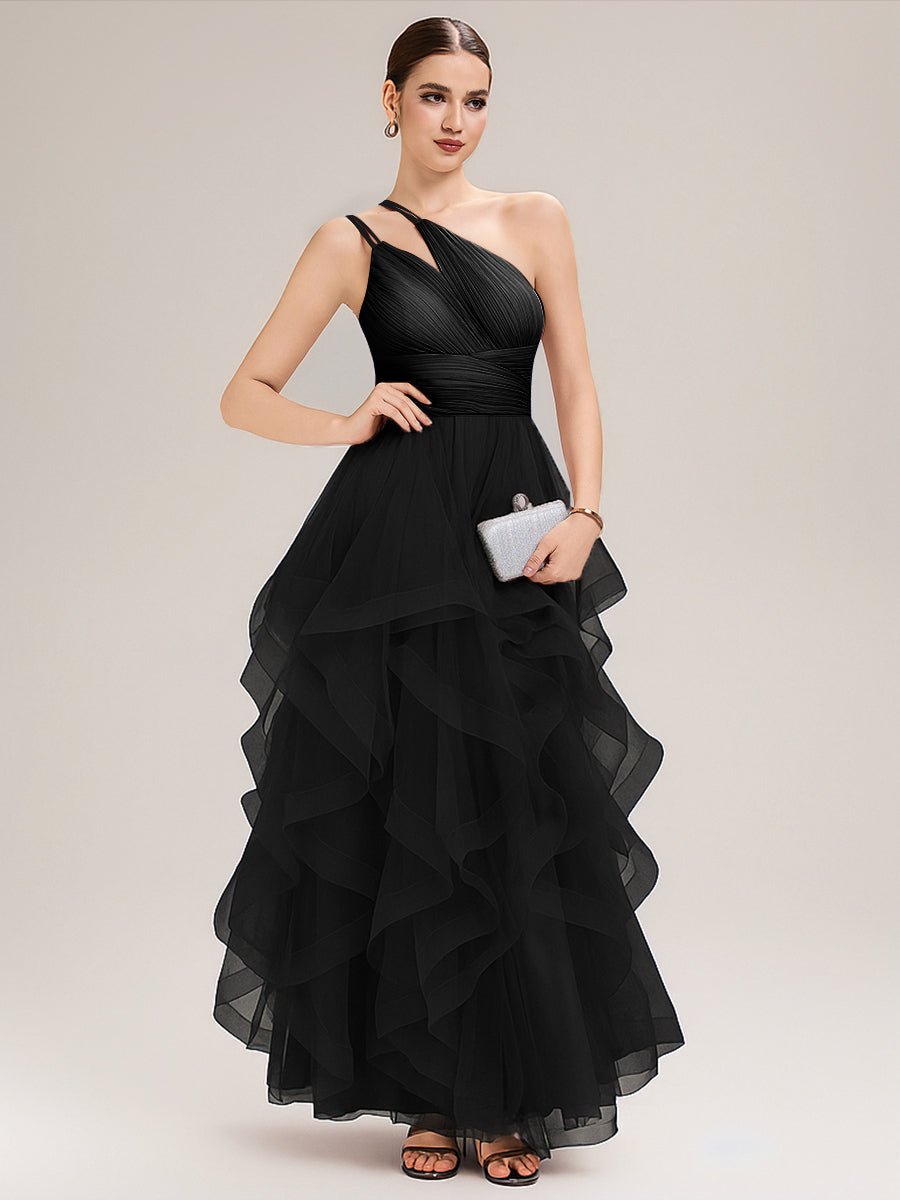 Robe de bal sans manches asymétrique plissée dos nu longueur sol avec bretelles spaghetti réglables #Couleur_Noir