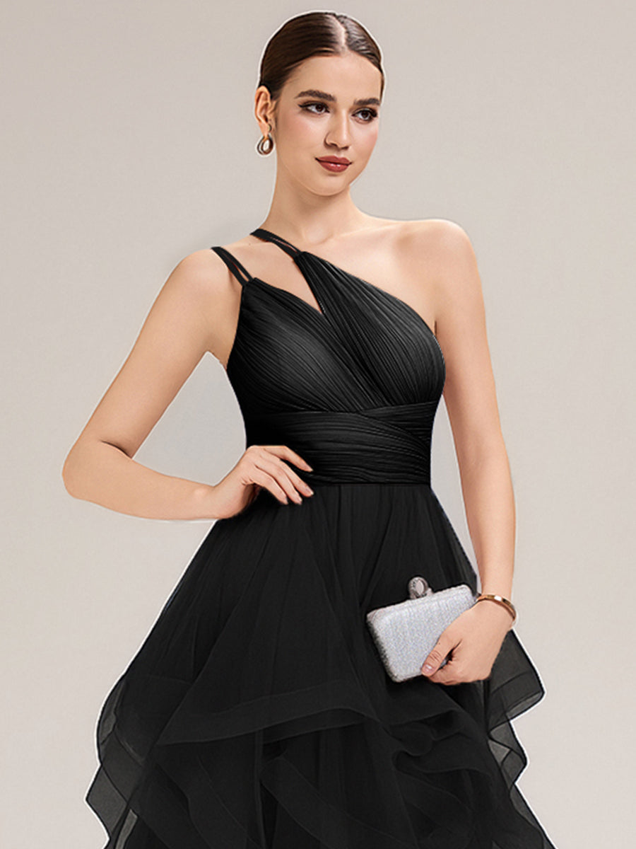 Robe de bal sans manches asymétrique plissée dos nu longueur sol avec bretelles spaghetti réglables #Couleur_Noir