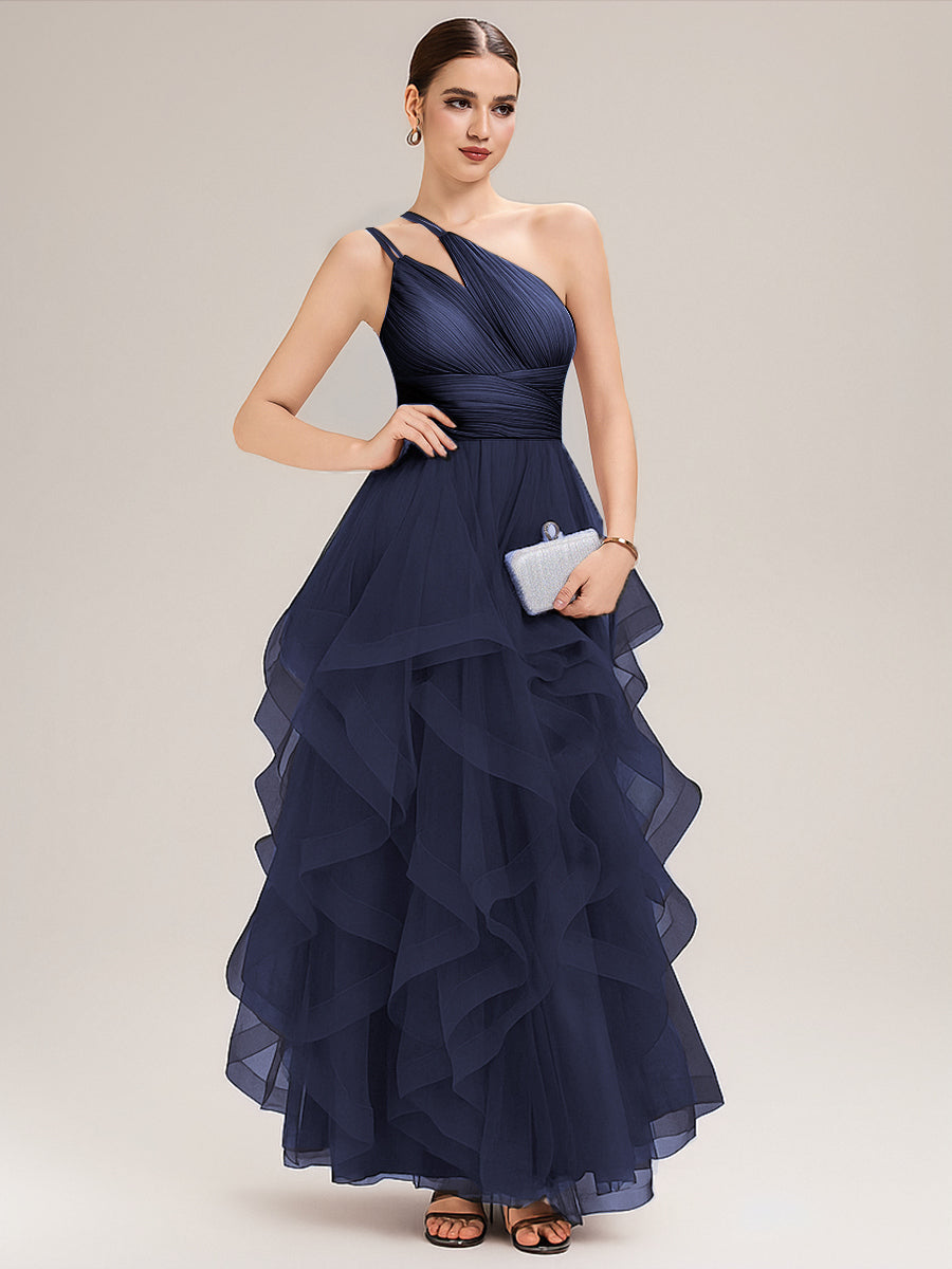 Robe de bal sans manches asymétrique plissée dos nu longueur sol avec bretelles spaghetti réglables #Couleur_Bleu Marine