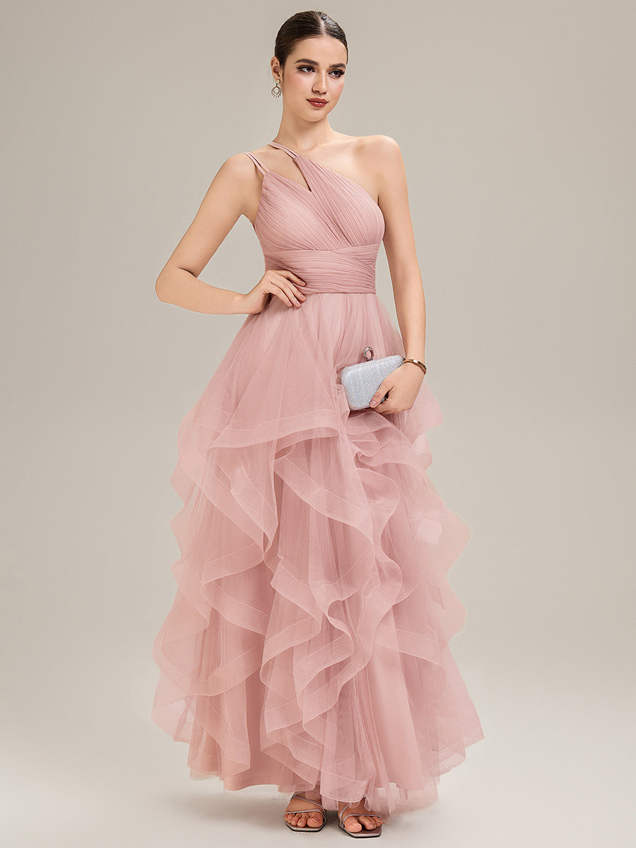 Robe de bal sans manches asymétrique plissée dos nu longueur sol avec bretelles spaghetti réglables #Couleur_Rose
