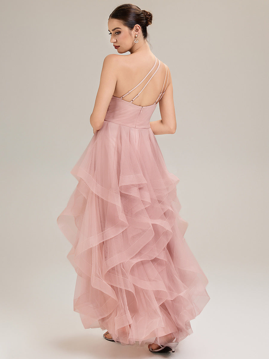 Robe de bal sans manches asymétrique plissée dos nu longueur sol avec bretelles spaghetti réglables #Couleur_Rose