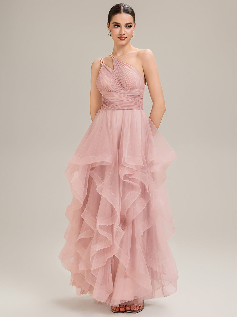 Robe de bal sans manches asymétrique plissée dos nu longueur sol avec bretelles spaghetti réglables #Couleur_Rose
