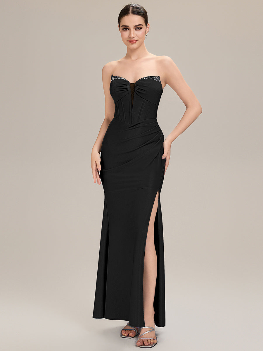 Robe de soirée chic sans bretelles sans manches longueur sol en forme de sirène avec corset et détail à nouer devant #Couleur_Noir