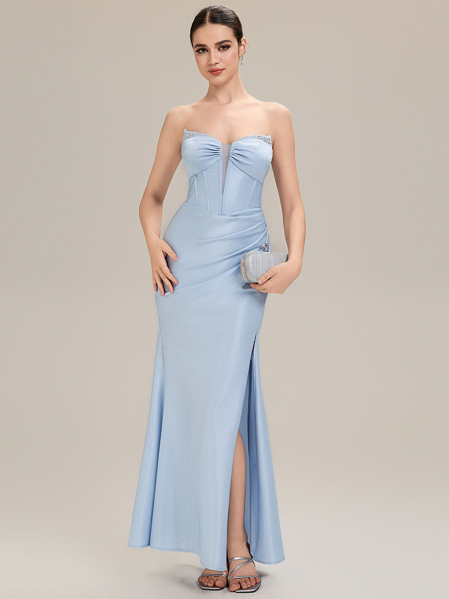 Robe de soirée chic sans bretelles sans manches longueur sol en forme de sirène avec corset et détail à nouer devant #Couleur_Bleu Clair