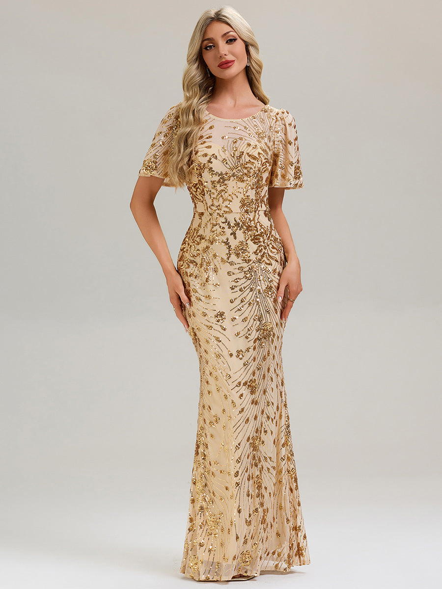 Robe maxi dos nu à encolure ronde à manches courtes volants style sirène haute élasticité robe de soirée chic #Couleur_Dorée