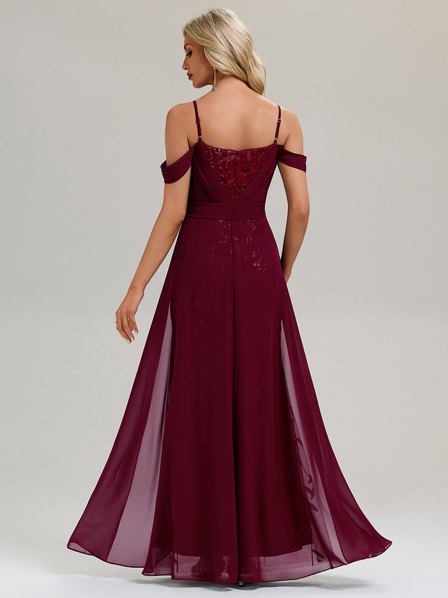 Robe longue sans manches en V avec bretelles spaghetti ajustables et rubans fluides Robe de soirée chic #Couleur_Bordeaux