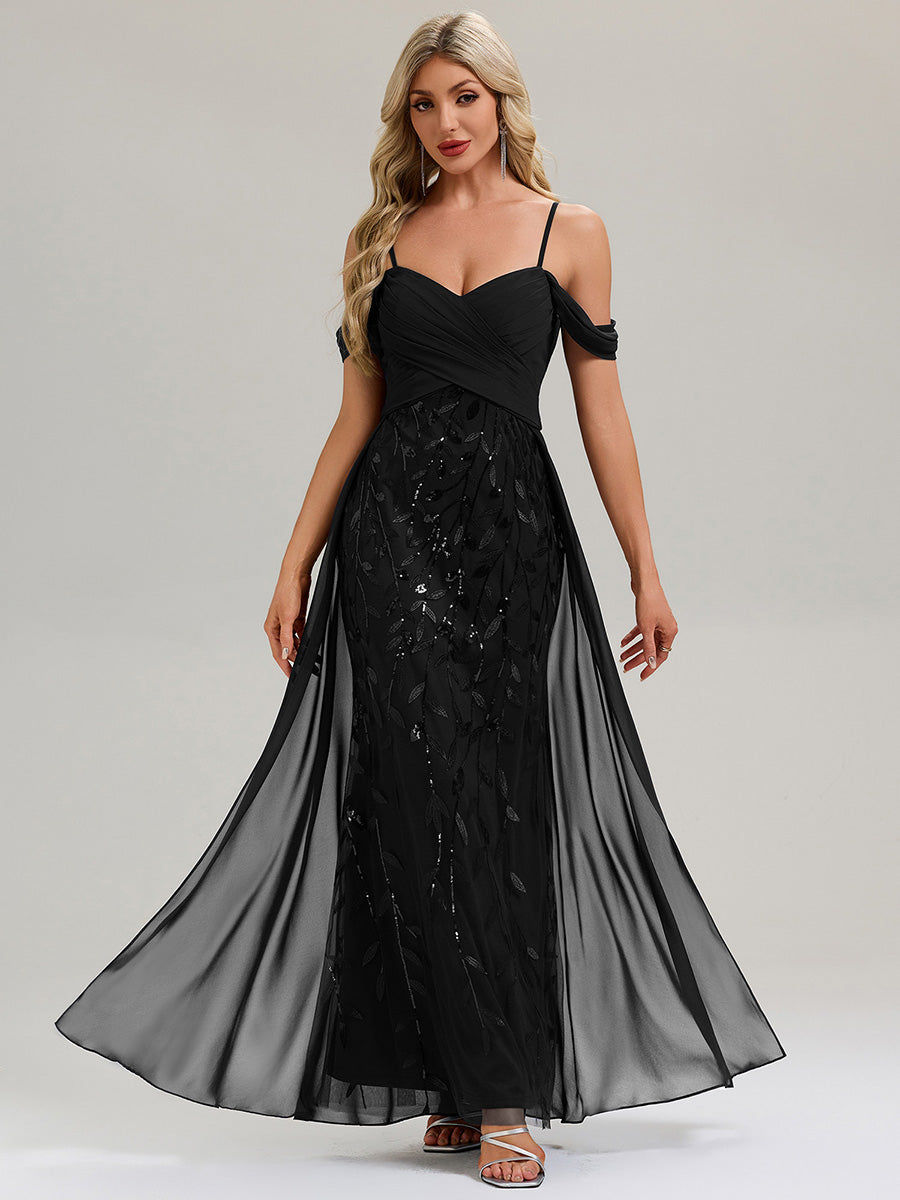 Robe longue sans manches en V avec bretelles spaghetti ajustables et rubans fluides Robe de soirée chic #Couleur_Noir