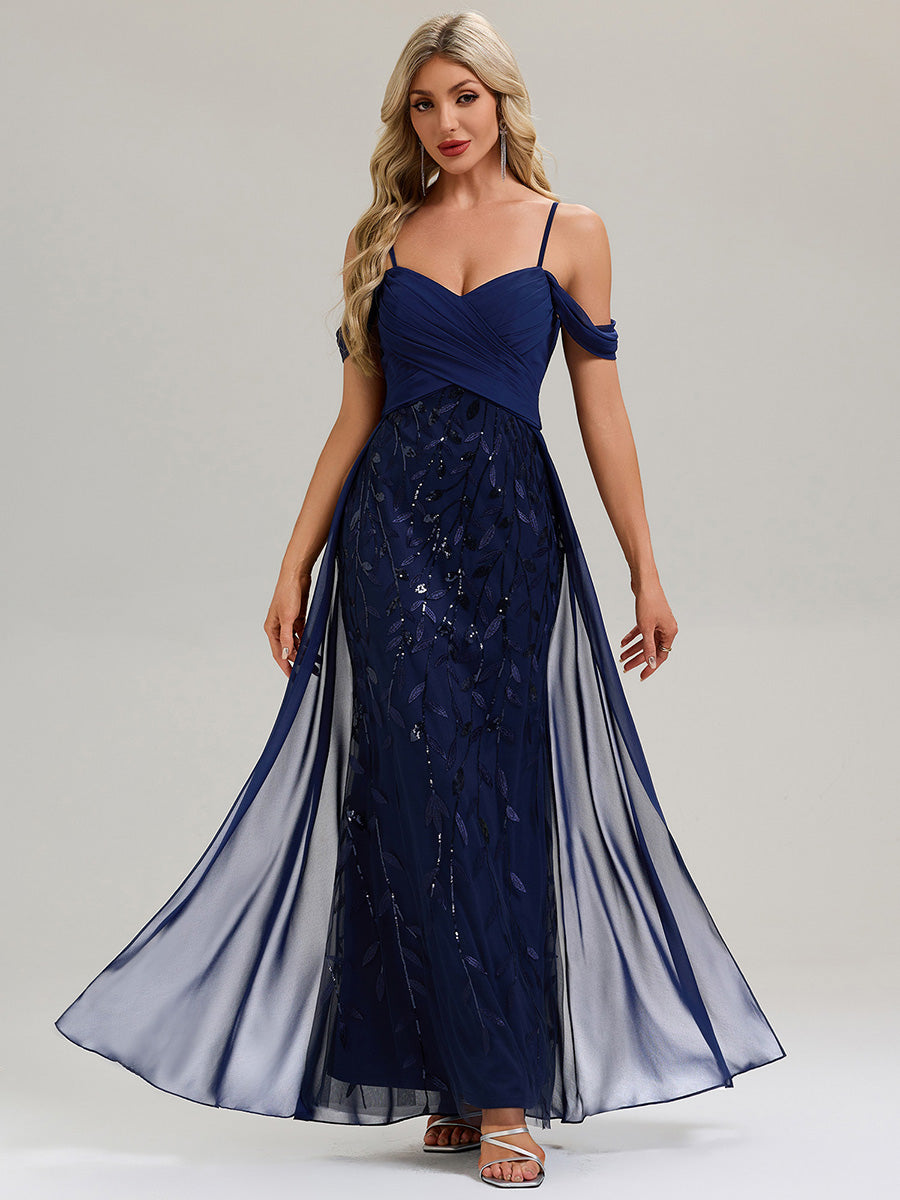 Robe longue sans manches en V avec bretelles spaghetti ajustables et rubans fluides Robe de soirée chic #Couleur_Bleu Marine