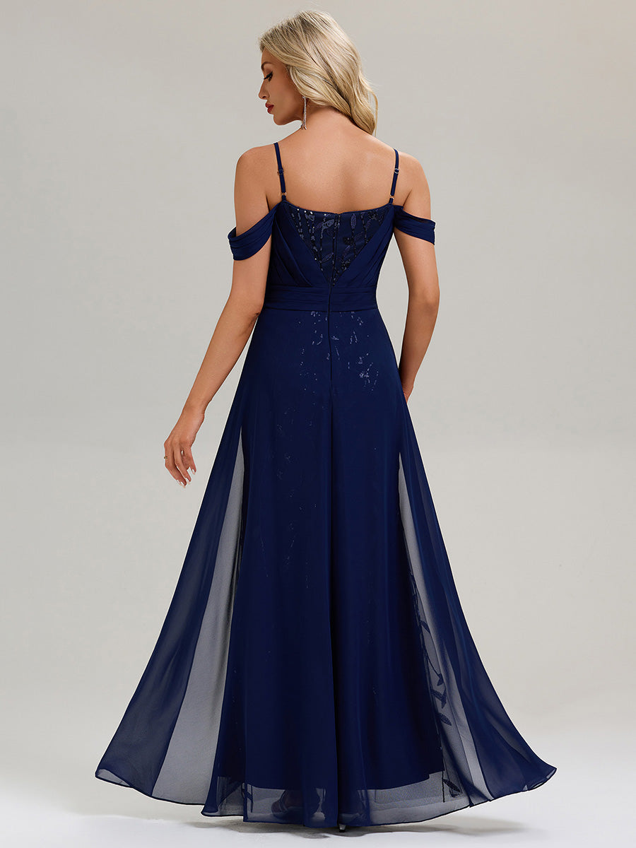 Robe longue sans manches en V avec bretelles spaghetti ajustables et rubans fluides Robe de soirée chic #Couleur_Bleu Marine