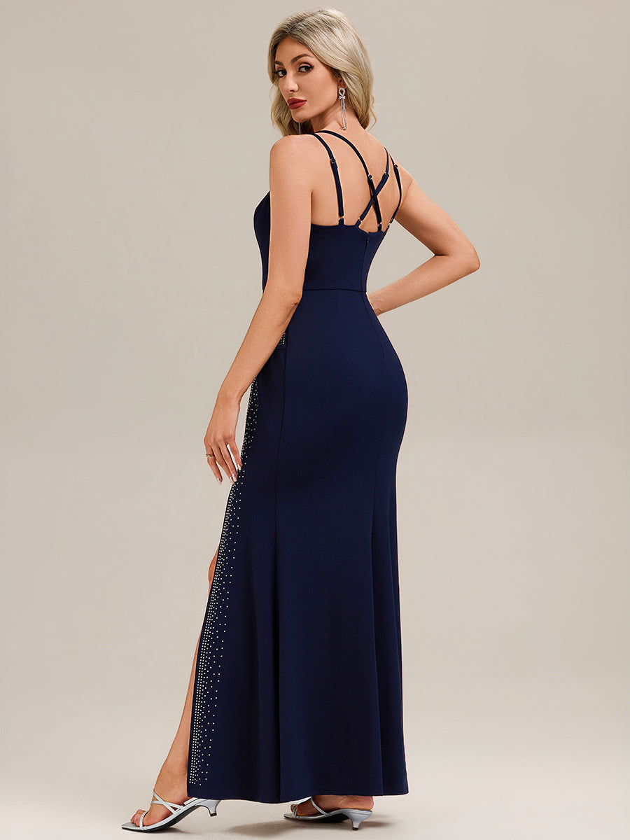 Robe longue sans manches à encolure en U avec fente haute sur la cuisse et design dos nu Robe de soirée chic #Couleur_Bleu Marine