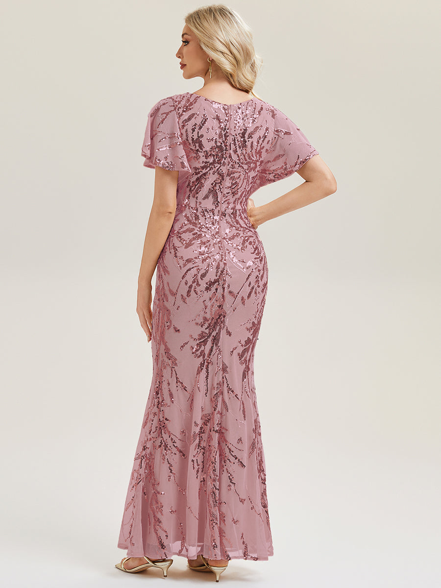 Robe de soirée chic à manches courtes en tissu extensible avec fente haute sur la cuisse et détails en sequins longueur maxi #Couleur_Orchidee
