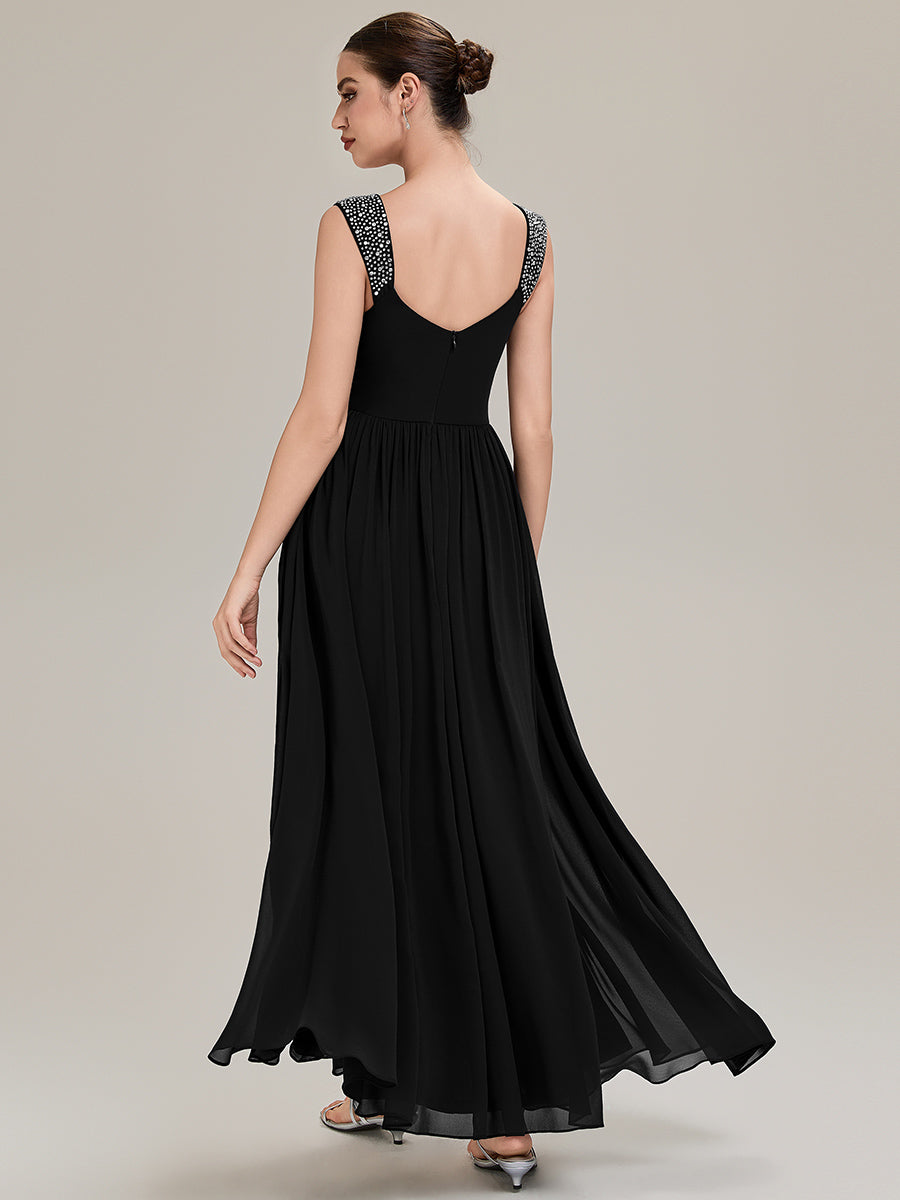 Robe de soirée chic sans manches décolleté en V avec jupe évasée longueur sol et bretelles non réglables #Couleur_Noir