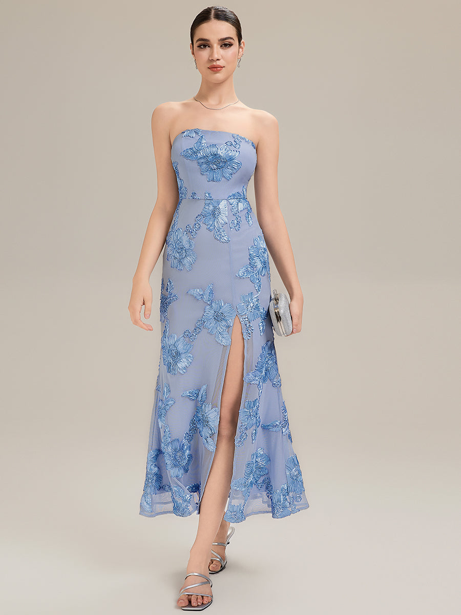 Robe maxi moulante sans bretelles sans manches à haute élasticité avec fente haute et design dos nu #Couleur_Bleu Glace