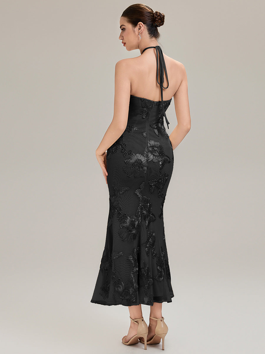Robe de soirée chic sans manches à col halter imprimé floral haute élasticité style sirène longueur sol avec design dos nu #Couleur_Noir