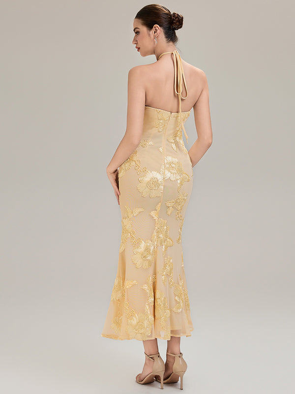Robe de Soirée Dos Nu Fleurie Longue Étroite à Encolure Halter