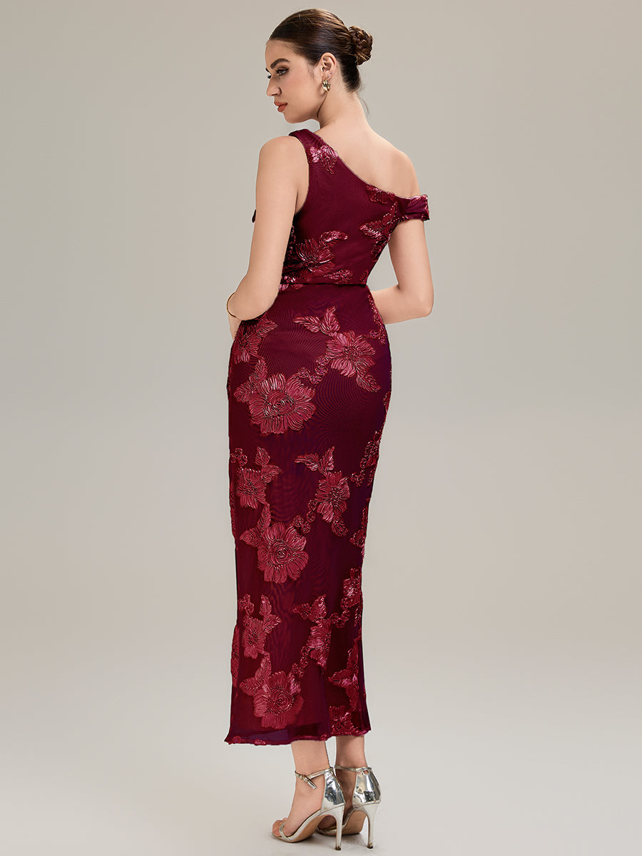 Robe de soirée chic sans manches sans bretelles en jersey extensible avec un nœud à l'avant et des rubans fluides #Couleur_Bordeaux