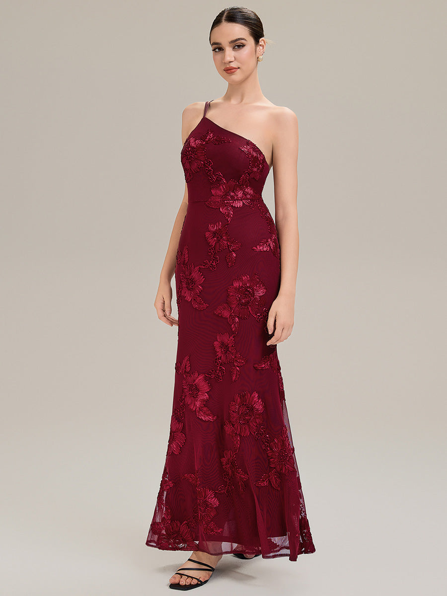 Robe de soirée chic sans manches en jersey extensible imprimé floral longueur sol avec encolure asymétrique #Couleur_Bordeaux