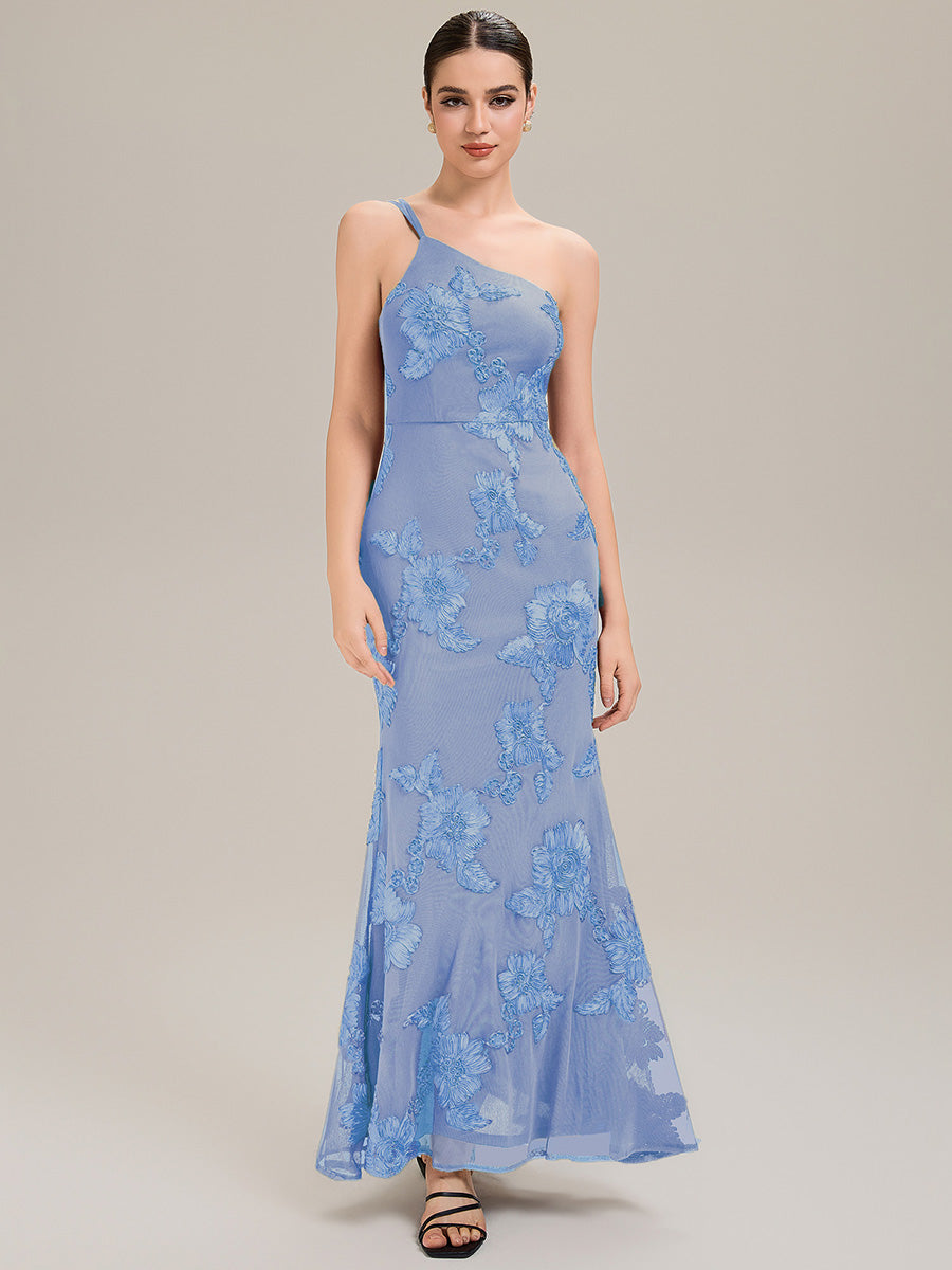Robe de soirée chic sans manches en jersey extensible imprimé floral longueur sol avec encolure asymétrique #Couleur_Bleu Glace