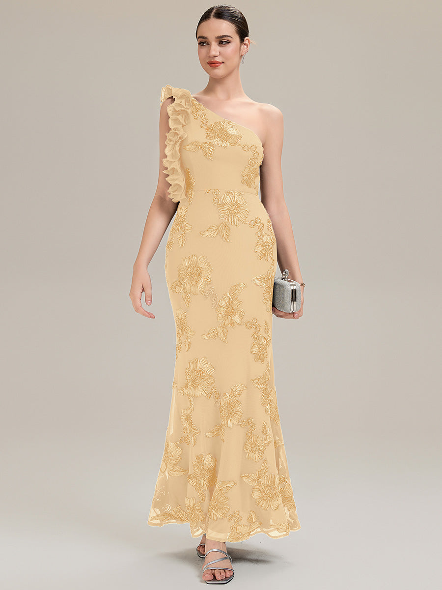 Robe de soirée chic sans manches à épaule unique en tissu extensible avec imprimé floral jacquard et volants longueur de sol #Couleur_Jaune
