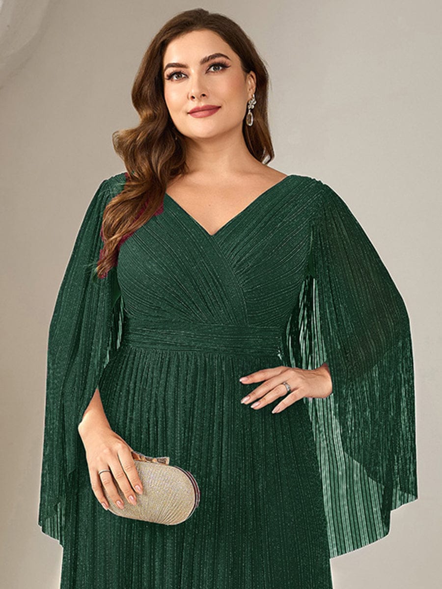 Robe longue à manches longues en batwing décolleté en V et coupe A #Couleur_Vert Fonce