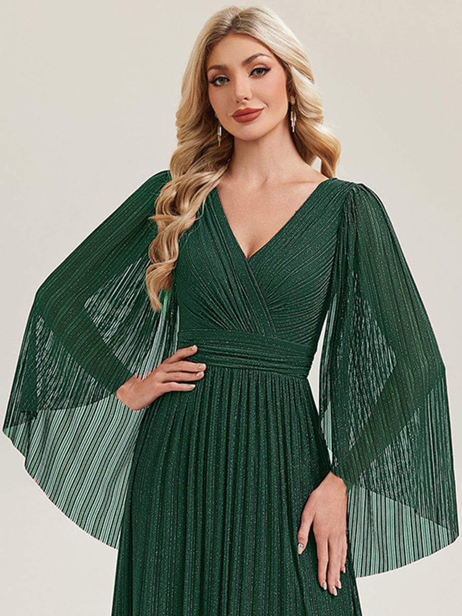 Robe longue à manches longues en batwing décolleté en V et coupe A #Couleur_Vert Fonce