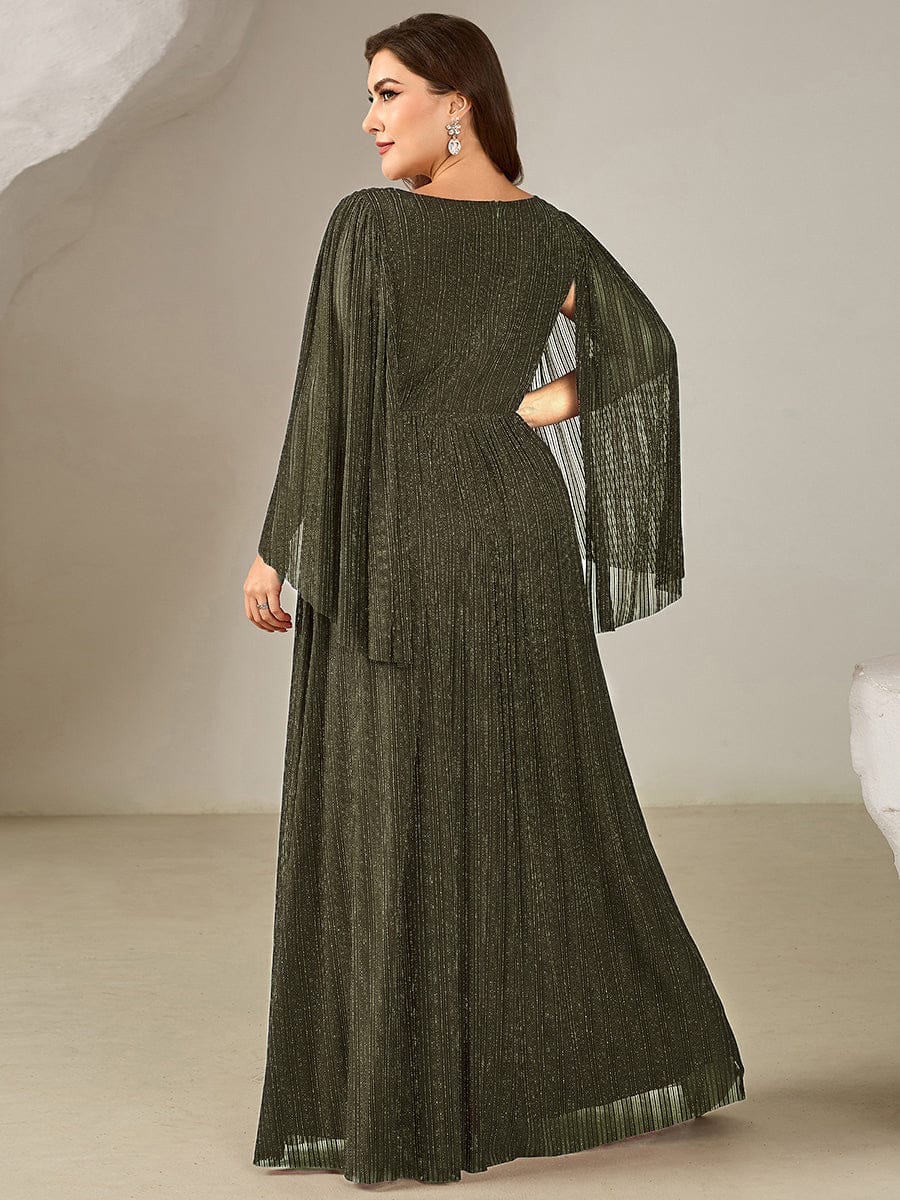 Robe longue à manches longues en batwing décolleté en V et coupe A #Couleur_Vert Olive