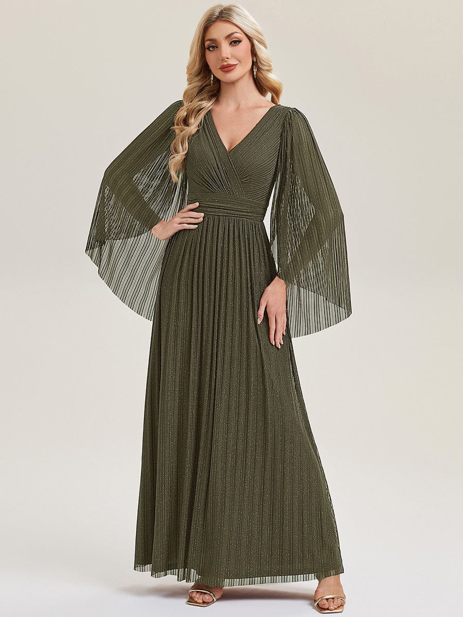 Robe longue à manches longues en batwing décolleté en V et coupe A #Couleur_Vert Olive