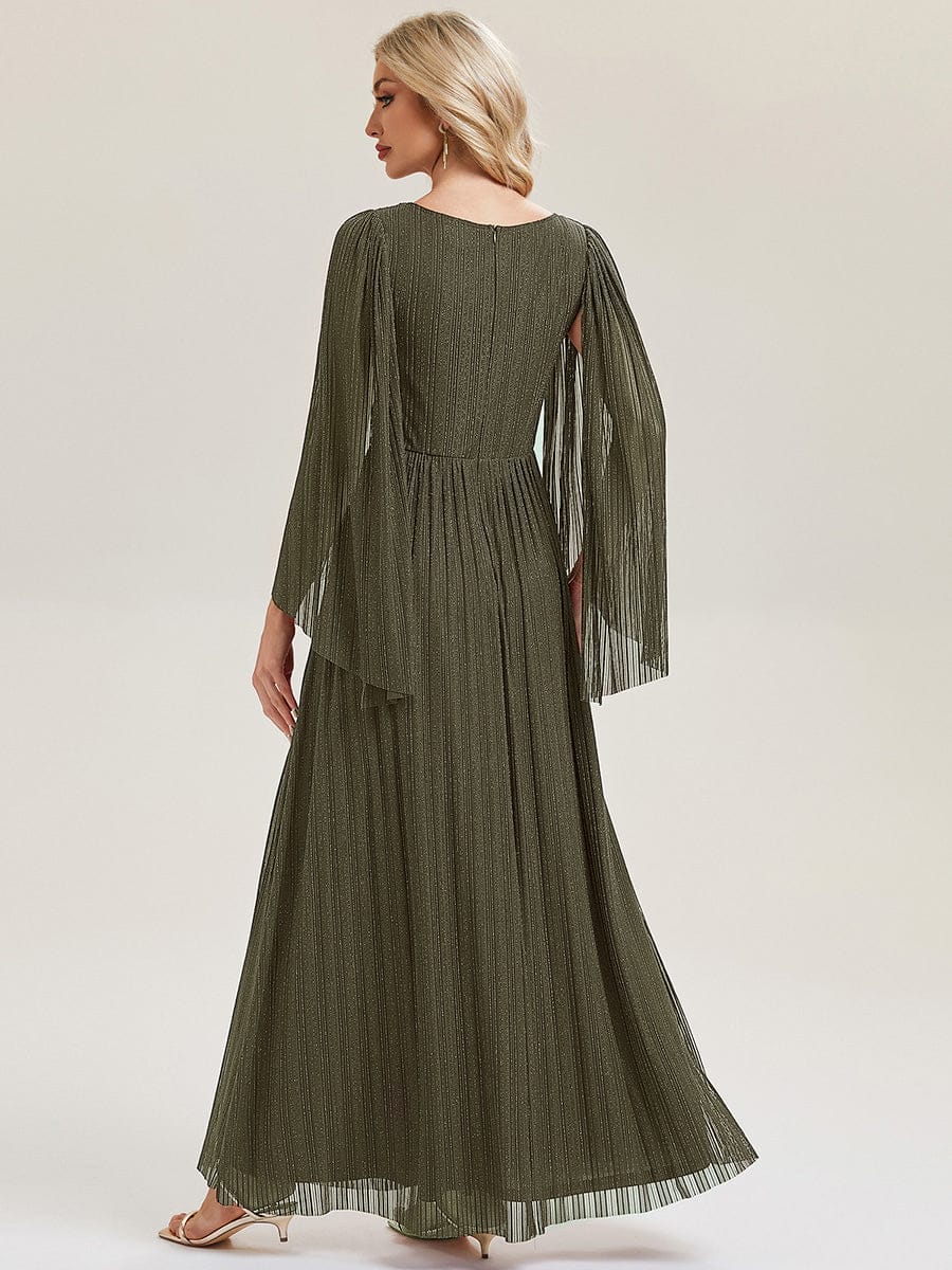 Robe longue à manches longues en batwing décolleté en V et coupe A #Couleur_Vert Olive