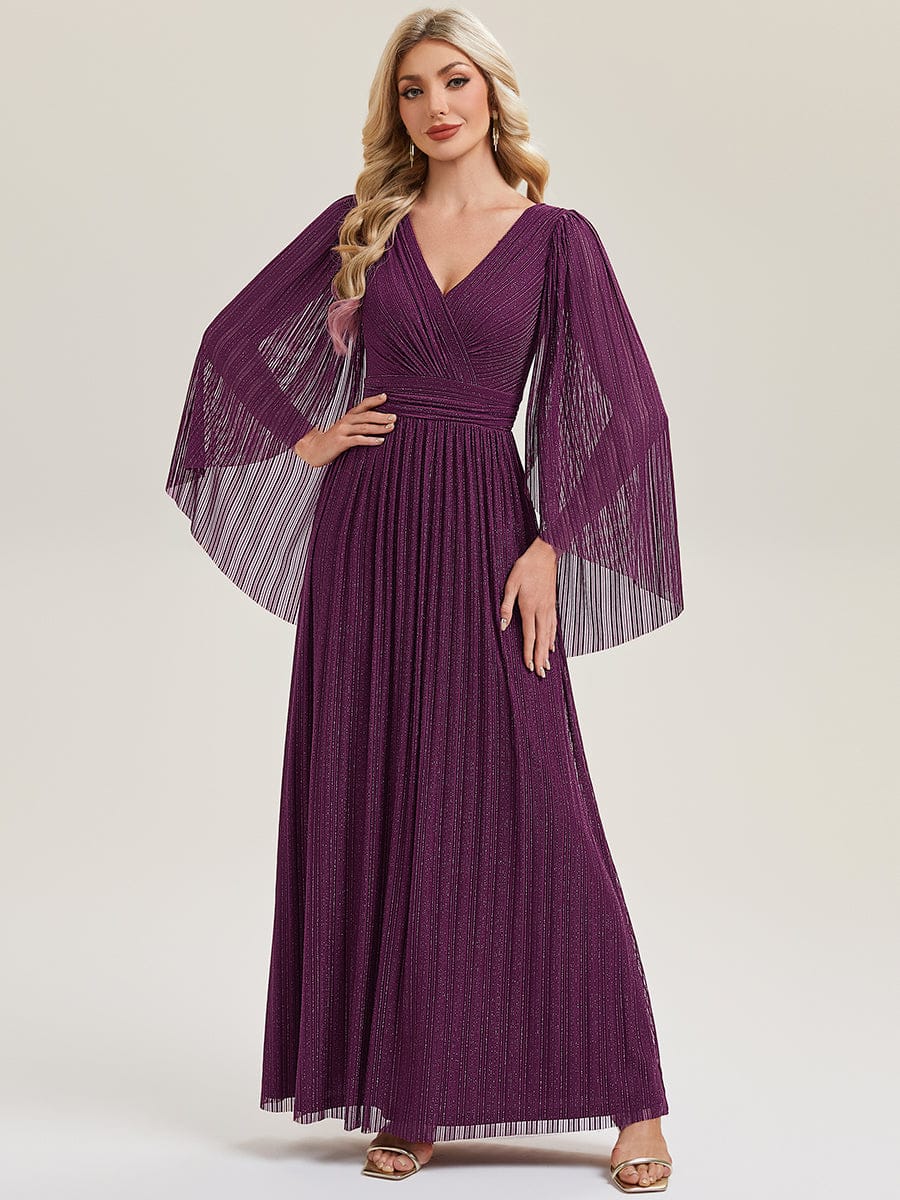 Robe longue à manches longues en batwing décolleté en V et coupe A #Couleur_Glycine violette