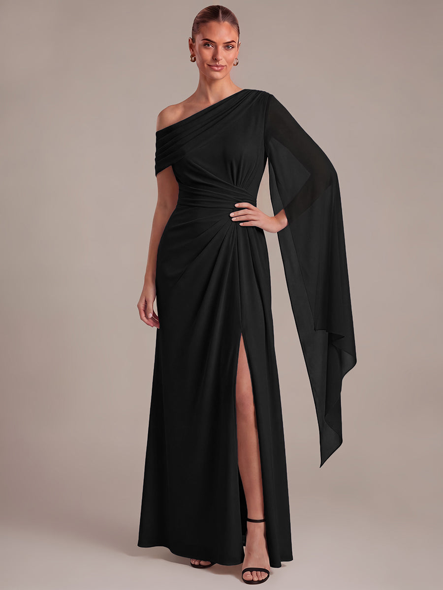Robe maxi A ligne plissée à encolure asymétrique à manches longues avec fente sur le côté #Couleur_Noir