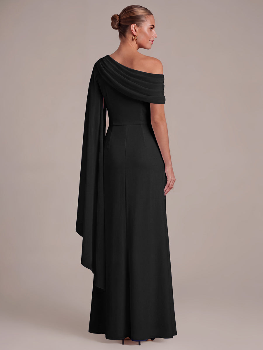 Robe maxi A ligne plissée à encolure asymétrique à manches longues avec fente sur le côté #Couleur_Noir