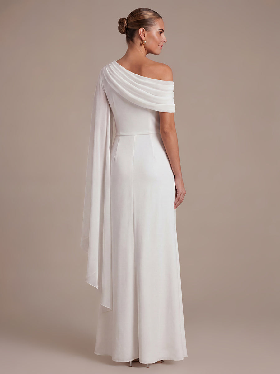 Robe maxi A ligne plissée à encolure asymétrique à manches longues avec fente sur le côté #Couleur_Blanc