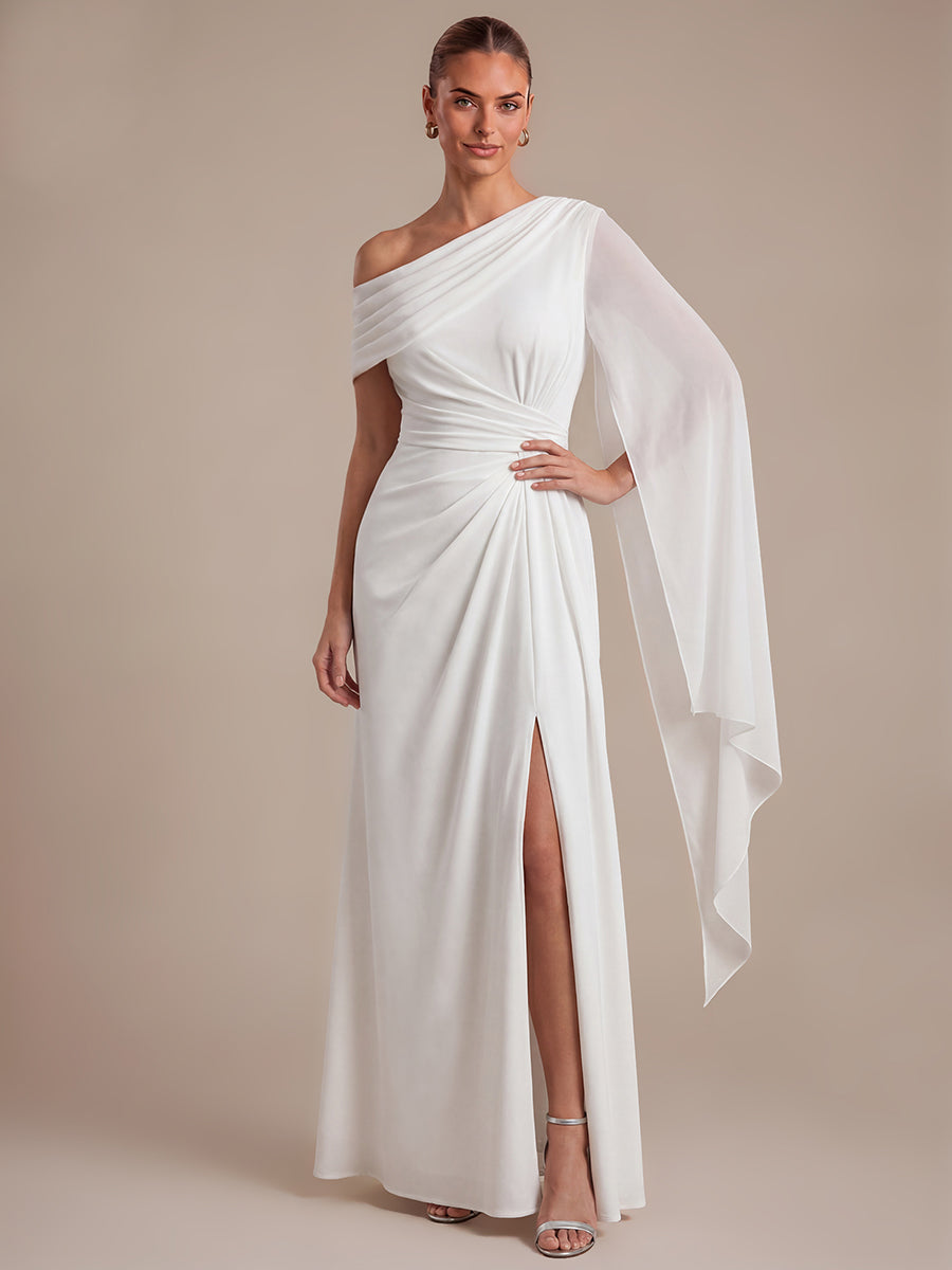 Robe maxi A ligne plissée à encolure asymétrique à manches longues avec fente sur le côté #Couleur_Blanc