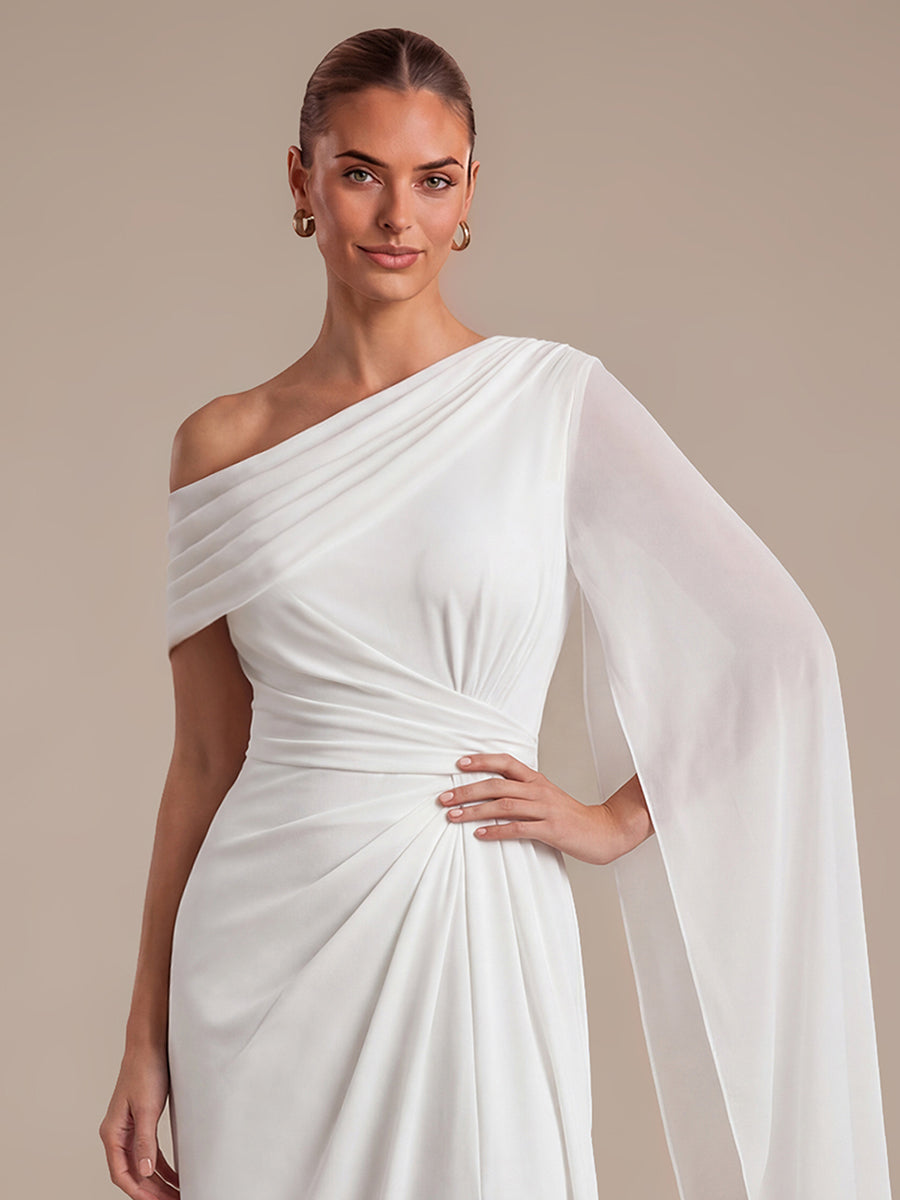 Robe maxi A ligne plissée à encolure asymétrique à manches longues avec fente sur le côté #Couleur_Blanc